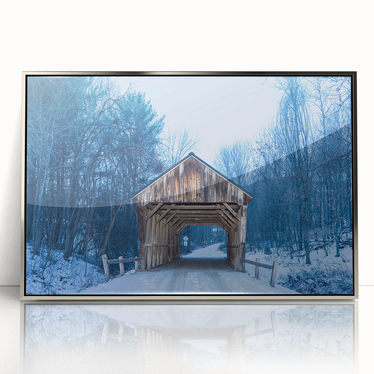 Mid-century modernist art depicting a serene Vermont landscape in muted green and blue tones on a framed acrylic panel.
