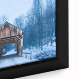 Close-up of a textured, extra large framed canvas depicting a colorful Vermont scenery in black wall art style.