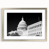 Textured art print of the Washington D.C. Capitol in muted gray tones, framed in silver, ideal for bedroom art.
