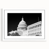 Abstract art print of Washington DC Capitol in muted gray tones, framed with a white mat.