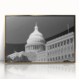 Acrylic print of Washington DC Capitol with soft gold tones, framed, mid-century modernist style.