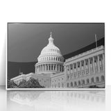 Acrylic print of Washington D.C. Capitol in art deco style, framed in white, suitable for modern art wall decor.
