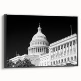 Black and white wall art featuring the Washington D.C. Capitol on framed canvas, ideal for bedroom decor.