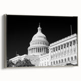 Framed canvas of Washington DC Capitol in vintage poster style with a black and colorful palette, suitable for office decor.