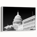 Vintage poster art of the Washington DC Capitol on a framed canvas with a white border, featuring muted color tones.