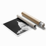 Rolled print of Washington D.C. Capitol with soft floral foreground in muted colors, suitable for large bathroom wall art.