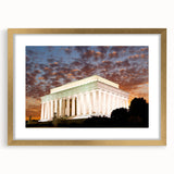 Extra large abstract art print of Washington DC scenery, featuring textured hues of blue and gray, framed in gold.