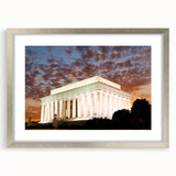 Textured abstract art print of the Lincoln Memorial in muted gray tones on a framed silver mat, suitable for bedroom decor.