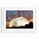 Abstract art print of the Washington DC Lincoln Memorial in muted gray and blue tones, framed with a white mat.