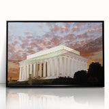 Large abstract wall art of the Lincoln Memorial in muted gray and blue tones, acrylic print in black frame.