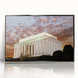 Mid-century modernist art of the Lincoln Memorial in muted gray tones on a silver-framed acrylic print.