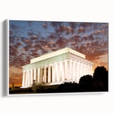 Vintage poster art of the Lincoln Memorial in muted tones on framed canvas, ideal for living room decor.