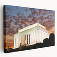 Large art print of Washington DC Lincoln Memorial in muted gray and blue tones on stretched canvas.