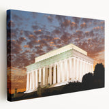 Large art print of Washington DC Lincoln Memorial in muted gray and blue tones on stretched canvas.