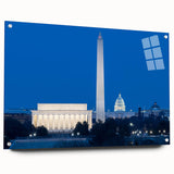 Acrylic print of Washington D.C. monuments in muted gray tones, suitable for bedroom or dining room decor.