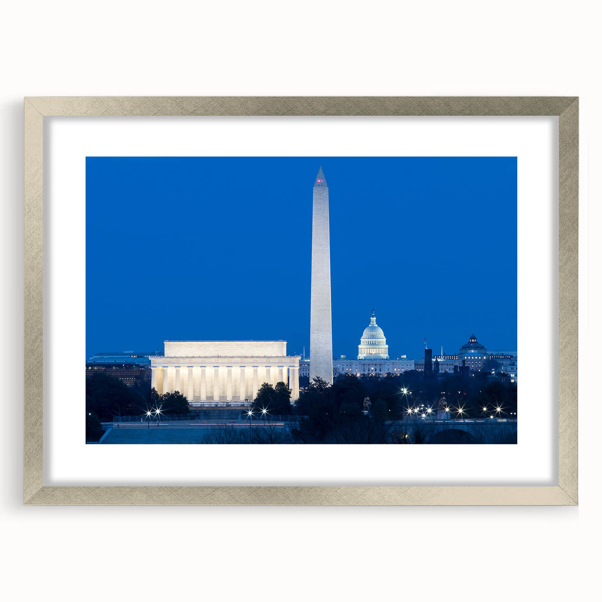 Textured art print of Washington DC monuments in muted gray tones on a framed canvas, suitable for bedroom decor.