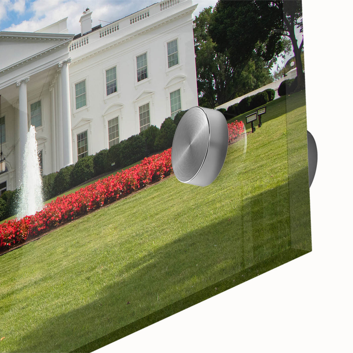 Acrylic print of the White House with muted gray and blue tones, ideal for dining room art in a mid-century modernist style.