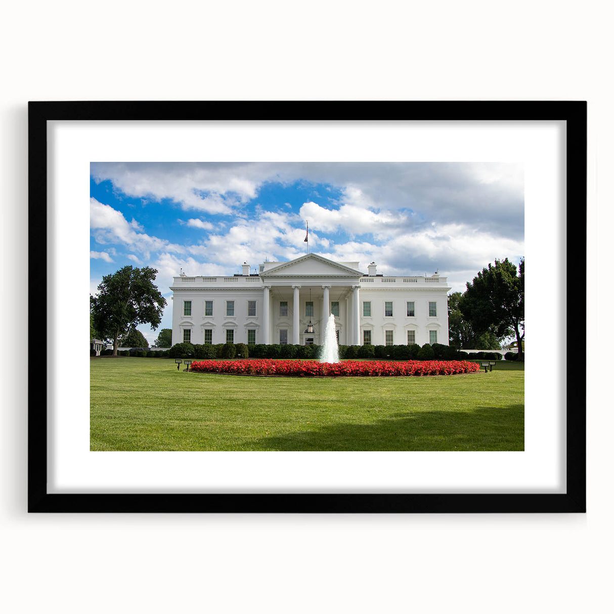 Colorful abstract art print of the Washington DC White House, in a black frame with mat, ideal for living room decor.