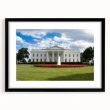Colorful abstract art print of the Washington DC White House, in a black frame with mat, ideal for living room decor.