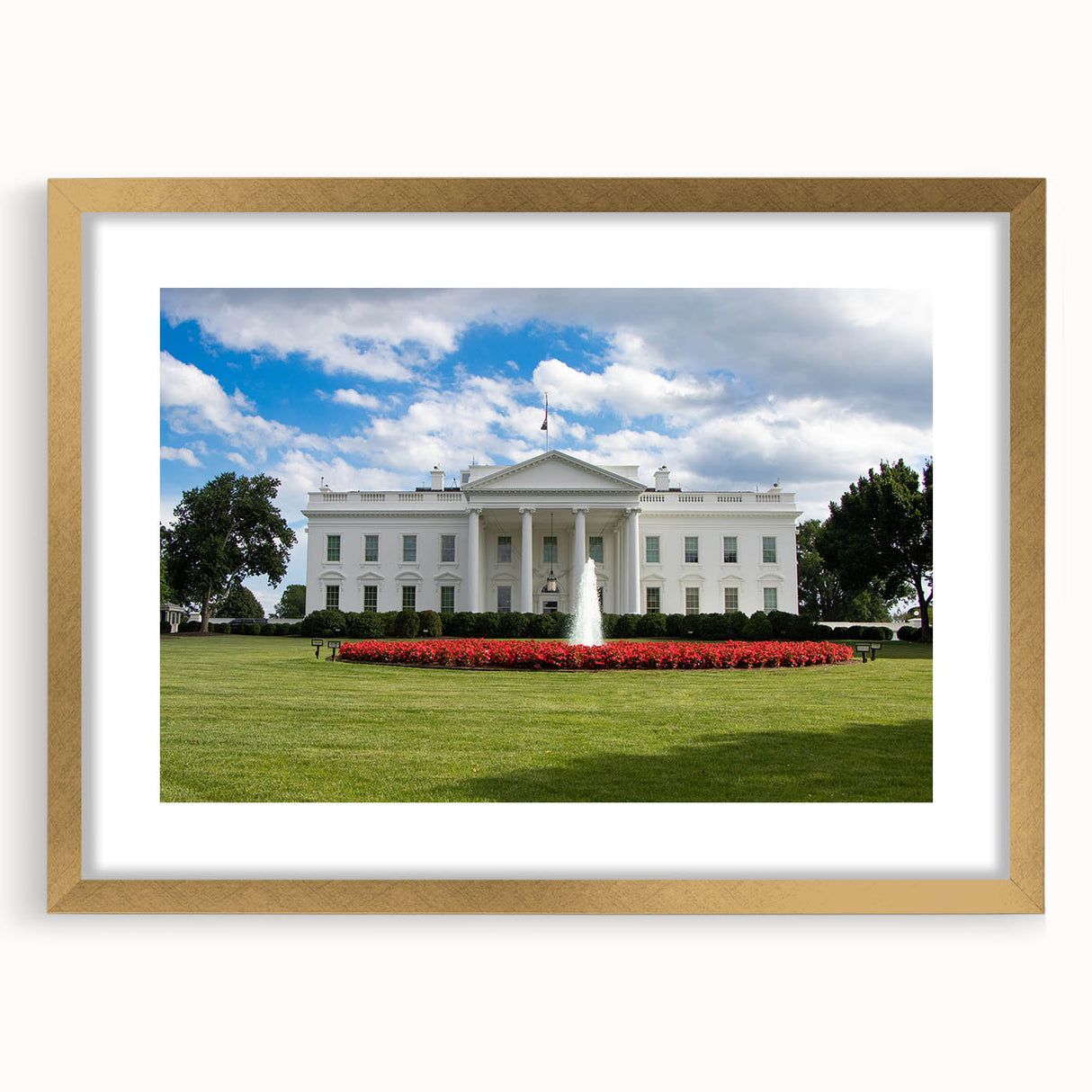 Extra large abstract art print of the Washington DC White House in muted tones on a textured canvas, framed in gold.