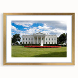 Extra large abstract art print of the Washington DC White House in muted tones on a textured canvas, framed in gold.