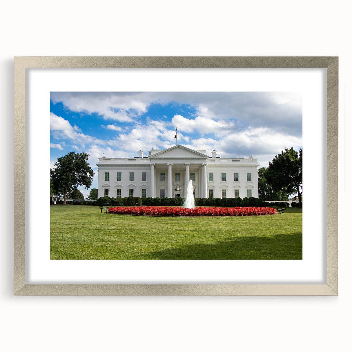 Textured art print of the White House in muted gray tones on a framed silver mat, suitable for bedroom decor.