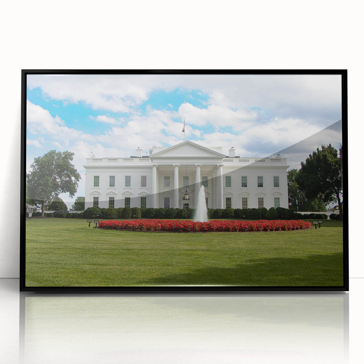 Large abstract wall art of the White House in muted gray and black tones, framed in acrylic.