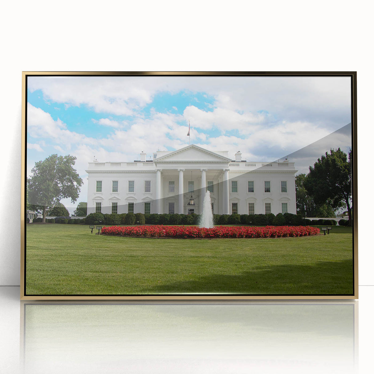 Acrylic print of the White House in a mid-century modernist style, framed in gold, suitable as modern art wall decor.