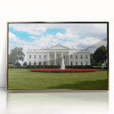 Acrylic print of the White House in a mid-century modernist style, framed in gold, suitable as modern art wall decor.