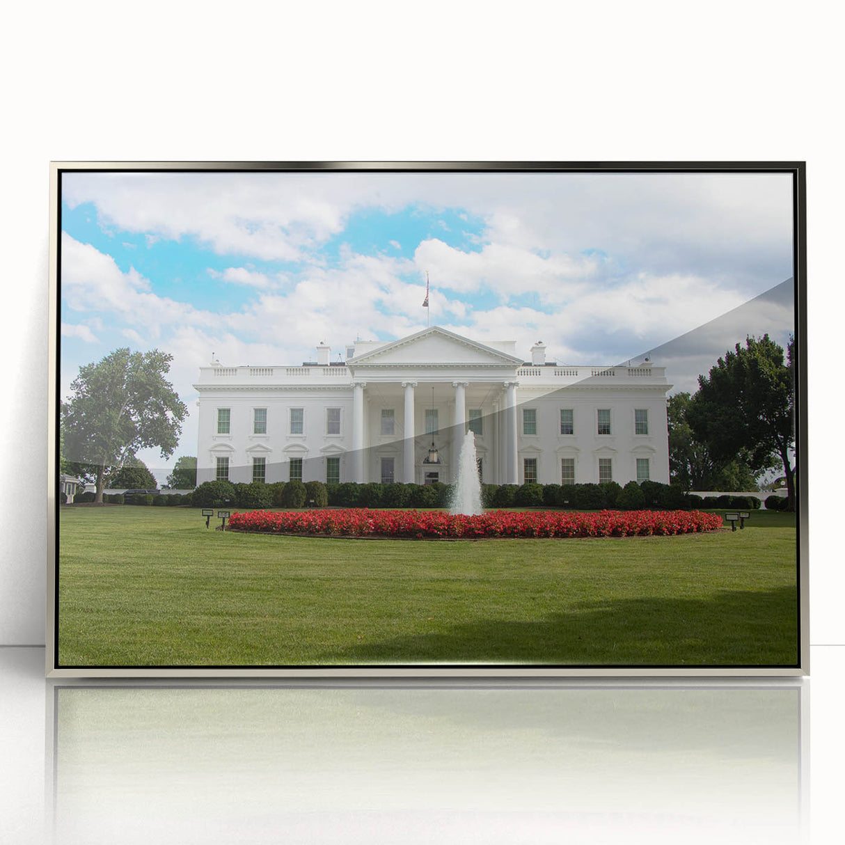 Mid-century modernist art of Washington DC White House in muted earth tones on a silver-framed acrylic print.