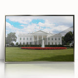 Mid-century modernist art of Washington DC White House in muted earth tones on a silver-framed acrylic print.