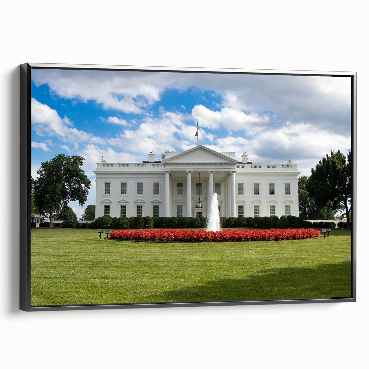 Black and white framed canvas of the White House in a vintage poster style, ideal for bedroom wall art.