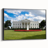 Black and white framed canvas of the White House in a vintage poster style, ideal for bedroom wall art.