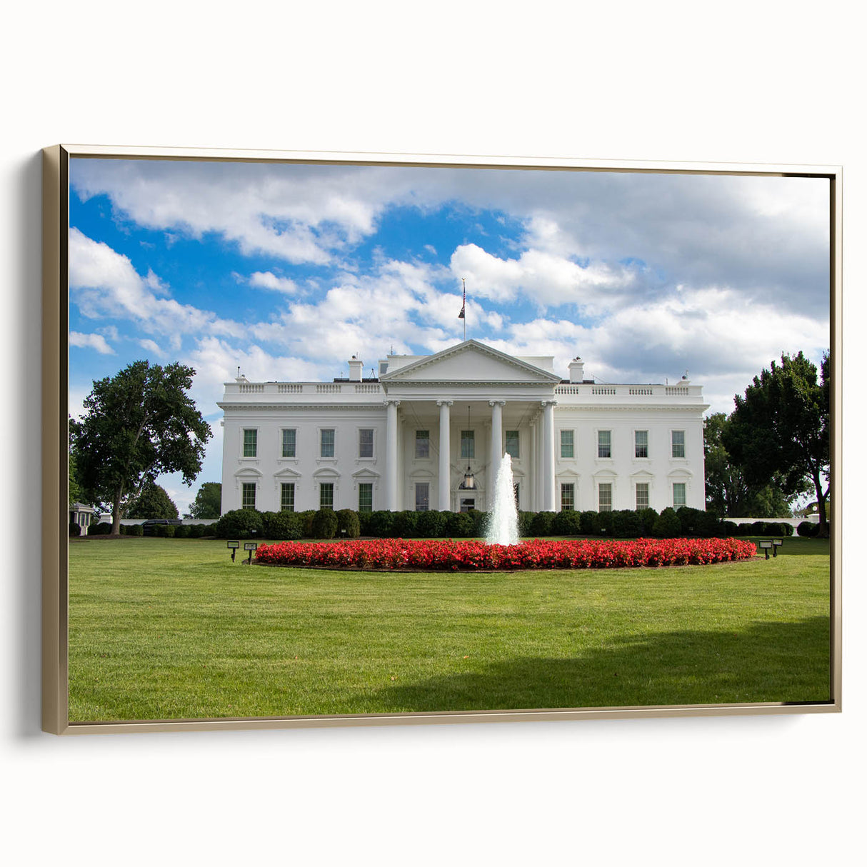 Framed canvas of the White House in a vintage poster style, featuring a black and gold color scheme.