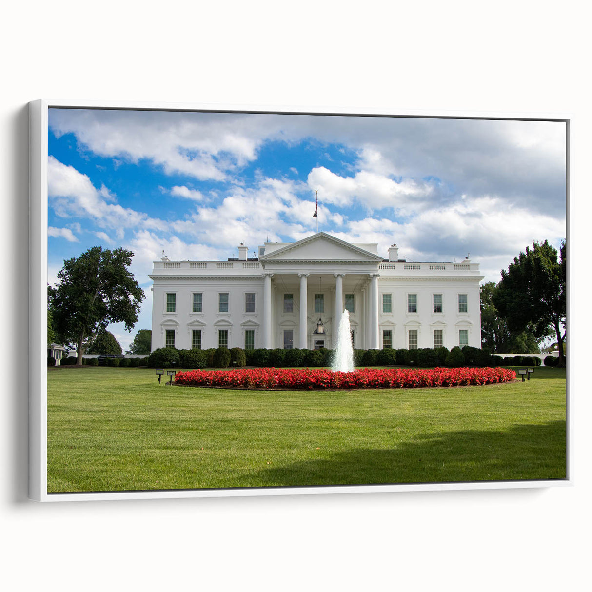 Vintage poster art of the White House in muted colors on a framed canvas, ideal for living room decor.