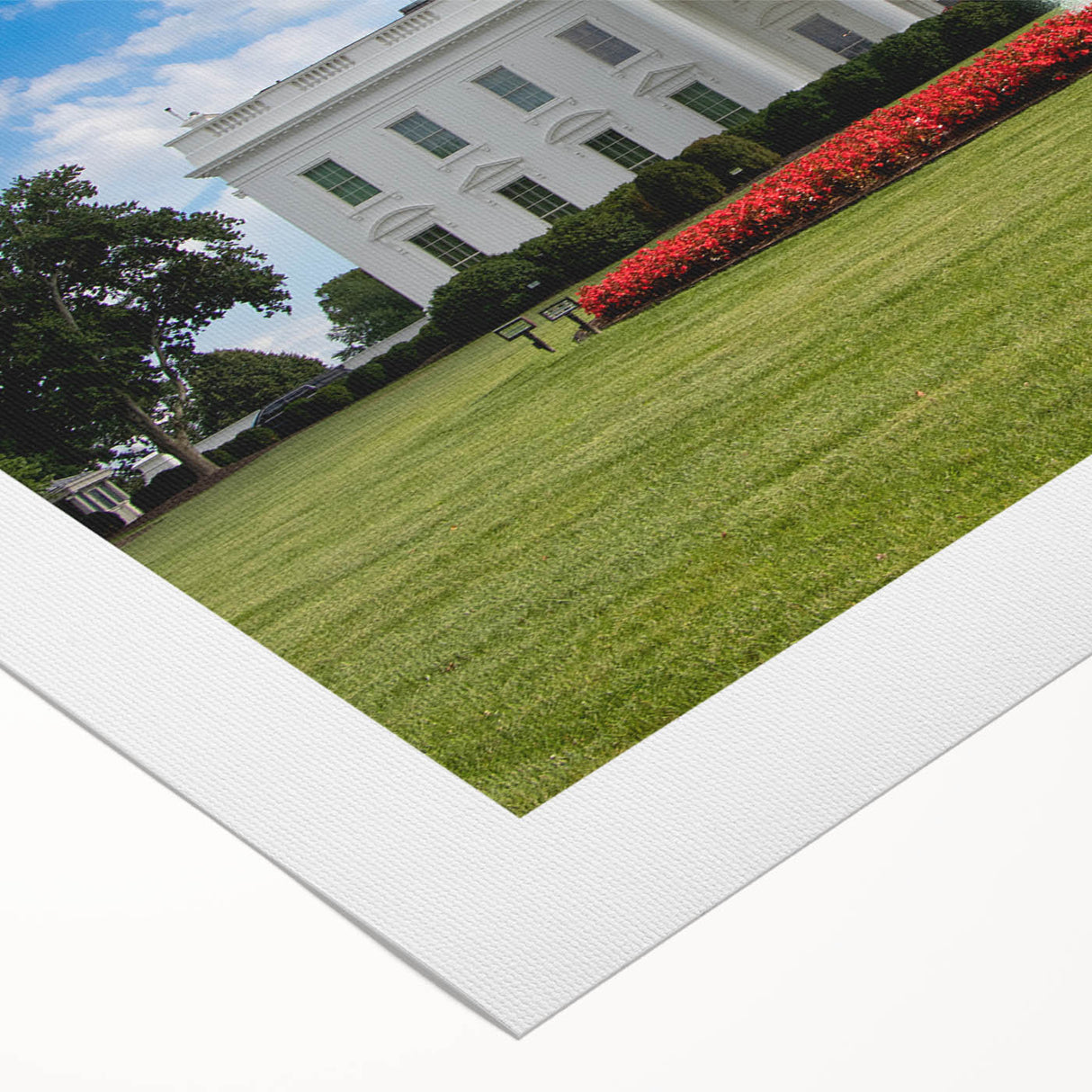 Art deco poster of the White House in muted colors on rolled canvas, suited for dining room wall art.