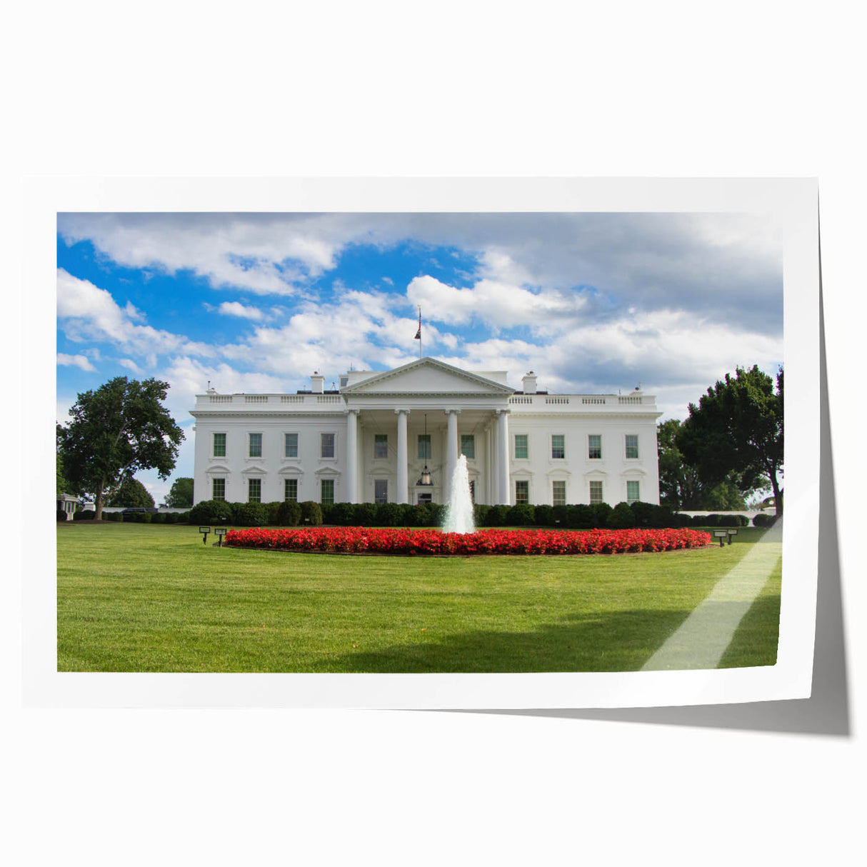 Art deco poster of the White House with soft pastel colors, ideal for nursery wall art or dining room ambiance.
