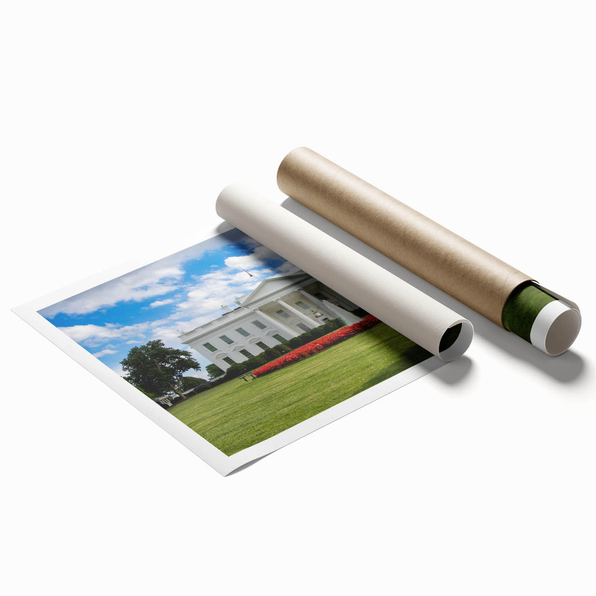 Art deco poster of the White House in muted gray and blue tones on rolled print, ideal for dining room wall art.