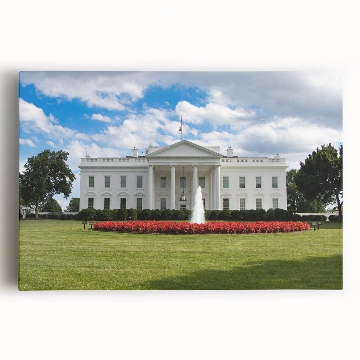Black and white stretched canvas of the White House, ideal for kitchen wall art.