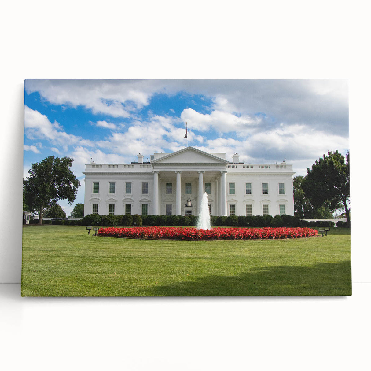 Black and white wall art of the White House in Washington DC on stretched canvas, suitable for kitchen or bedroom.