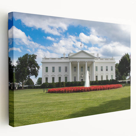 Washington DC White House scenery on stretched canvas, featuring soft gray and white tones, ideal for kitchen wall art.
