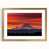 Extra large wall art featuring an abstract depiction of Mount Rainier in muted earth tones, framed in gold.