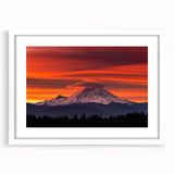 Abstract art print of Mount Rainier, in muted earth tones on a framed white mat, ideal for bedroom or dining room decor.