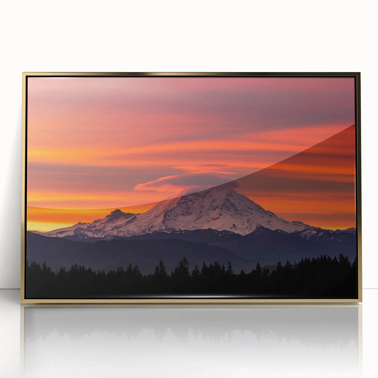 Mid-century modernist art of Mount Rainier in muted earth tones, framed acrylic, ideal for modern art wall decor.