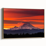 Framed canvas featuring a vintage-style landscape painting of Mount Rainier, with muted earth tones.