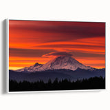 Vintage poster art of Mount Rainier with colorful landscape on a framed canvas, ideal for living room decor.