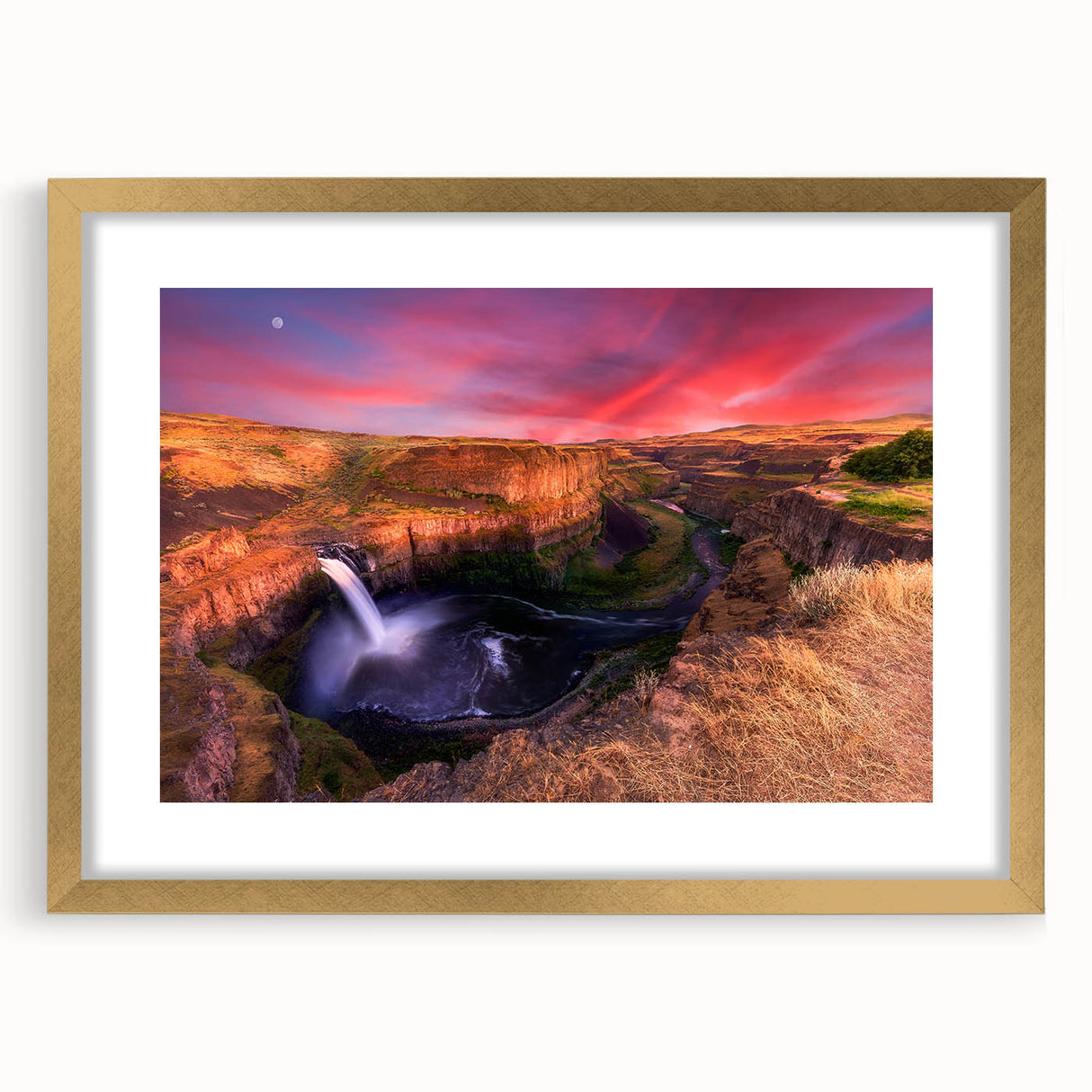 Extra large textured abstract art print of Palouse, Washington, in a gold frame, ideal for living room decor.