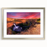 Textured art print of the Palouse scenic hills in muted earth tones on a silver-framed canvas, ideal for bedroom decor.
