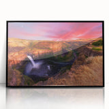 Large abstract wall art depicting the Palouse hills in Washington with vibrant green and earth tones on a black framed…