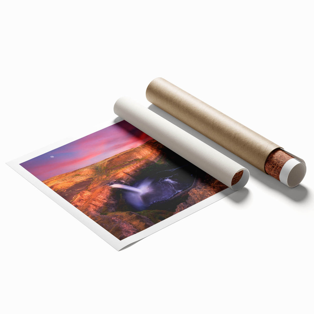 Rolled print of a pastoral Palouse landscape in soft green and gold tones, ideal for classy bathroom wall art.